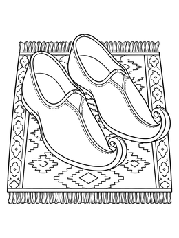 A serbia coloring page featuring traditional leather opanci footwear placed on a woven geometric kilim rug.