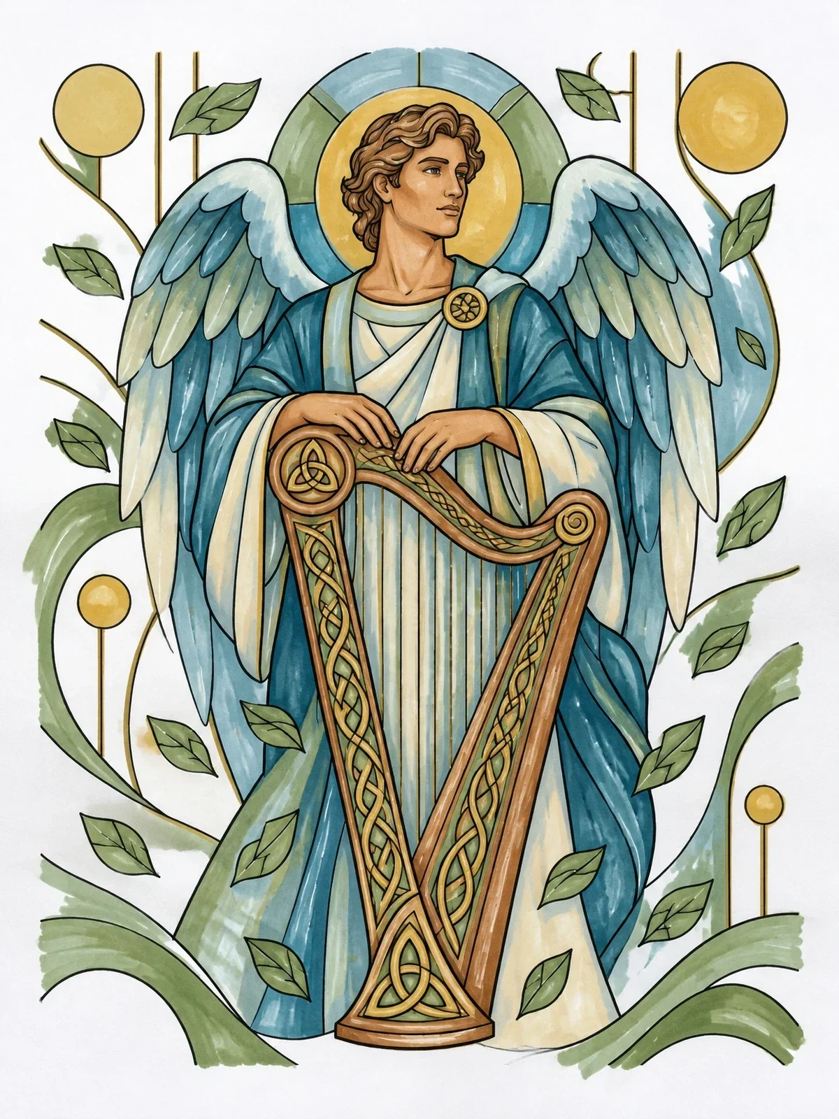 Colored example of the Serene Angel With Celtic Harp coloring page
