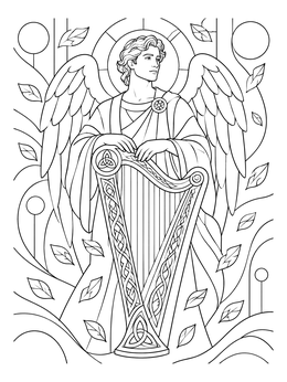 Detailed angel coloring page featuring an angel resting hands on a Celtic harp amidst falling leaves.