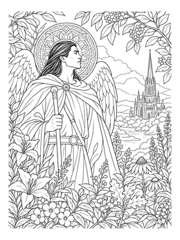 A detailed angel coloring page showing a winged guardian looking toward a far cathedral.