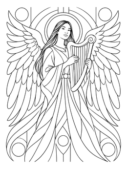 An angel plays a harp surrounded by feathered wings in this angel wings coloring page.