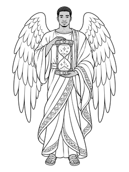 Detailed angel coloring page showing a winged guardian holding an ornate celestial hourglass.