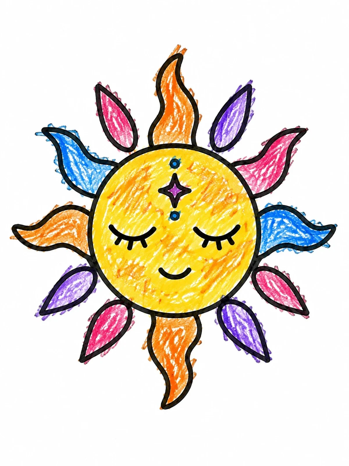Colored example of the Serene Boho Sun With Closed Eyes coloring page