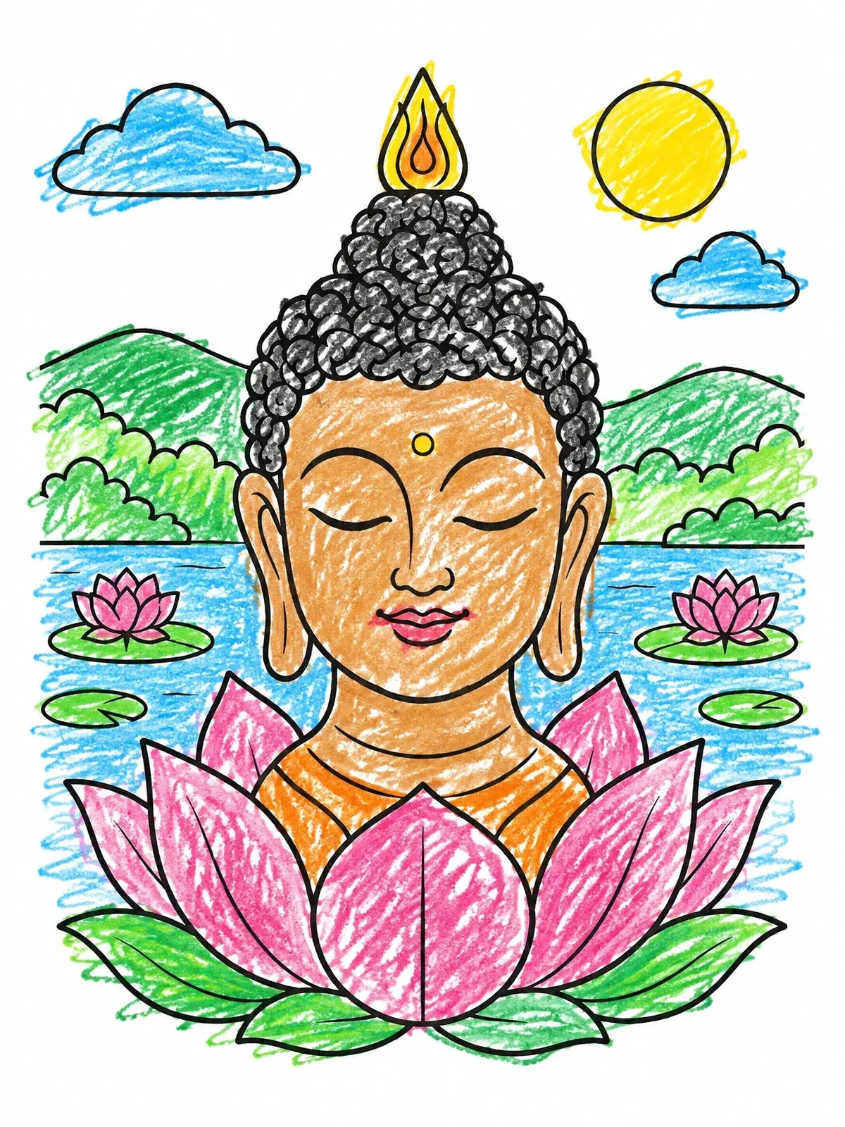 Colored example of the Serene Buddha Lotus Portrait coloring page