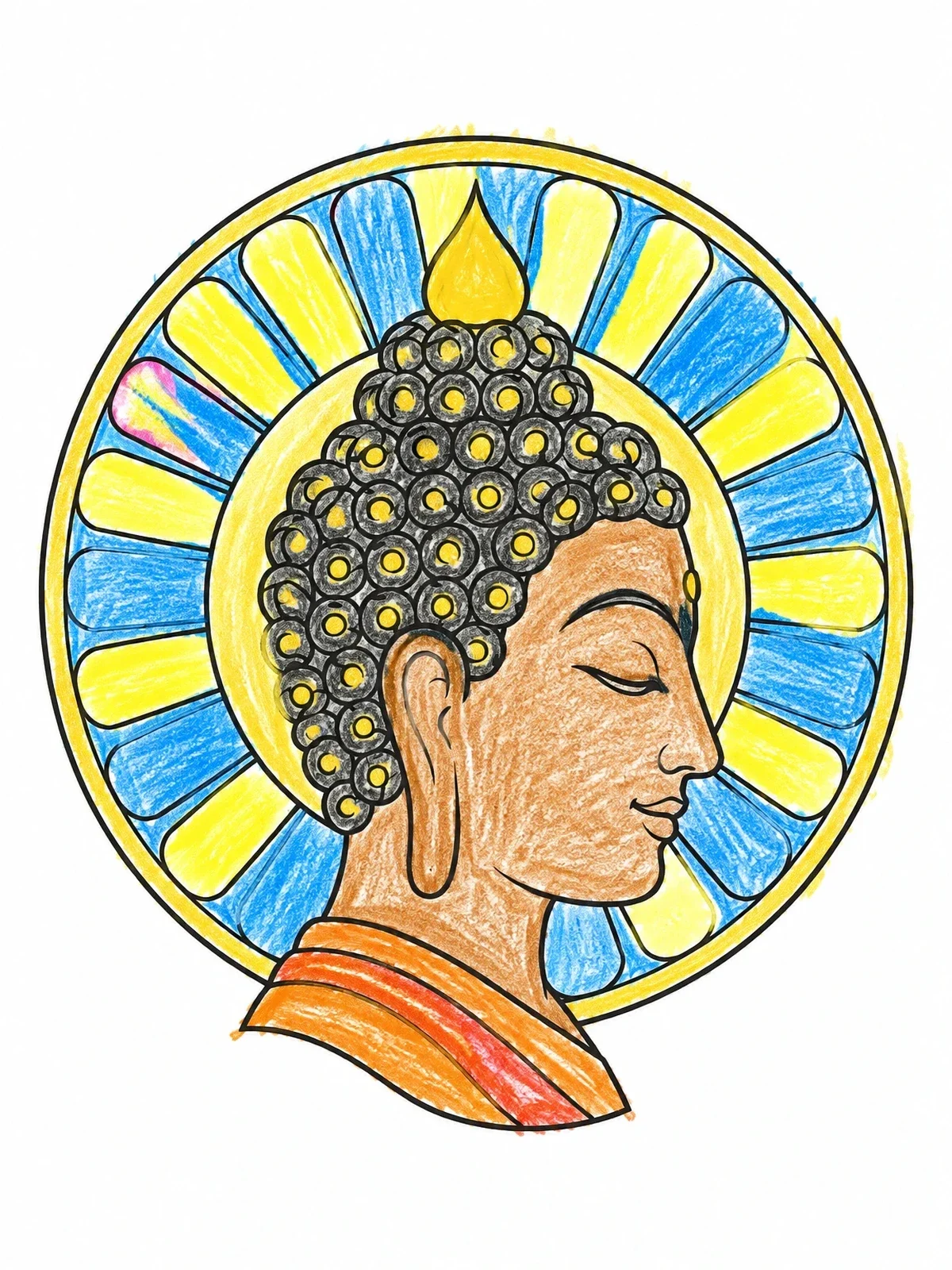Colored example of the Buddha Profile With Radiant Halo coloring page