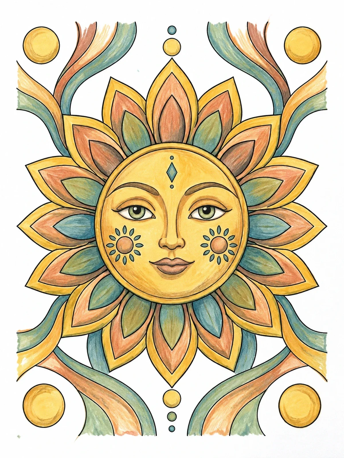 Colored example of the Serene Celestial Sun Face coloring page