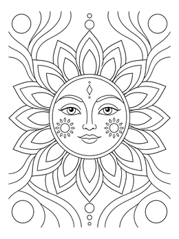A serene sun coloring page featuring a celestial face framed by floral rays and swirling patterns.