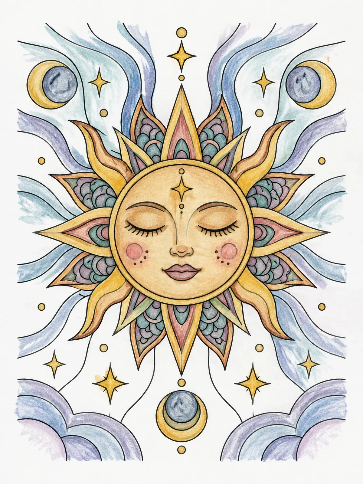Colored example of the Serene Celestial Sun Face coloring page