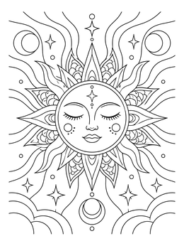 Celestial sun coloring page featuring a peaceful sleeping face and ornate rays.