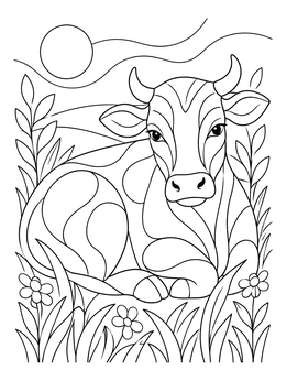 Detailed cow coloring page showing a horned cow resting peacefully among wildflowers in a meadow.