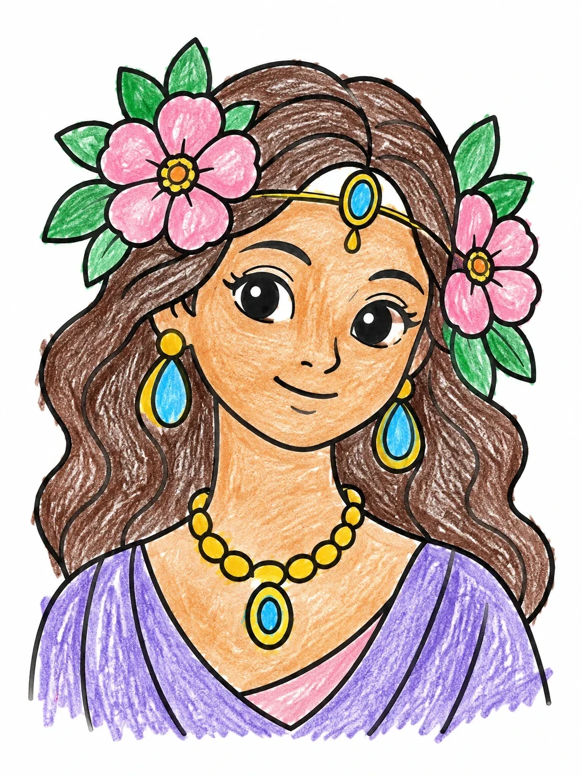 Colored example of the Serene Flower Goddess Portrait coloring page