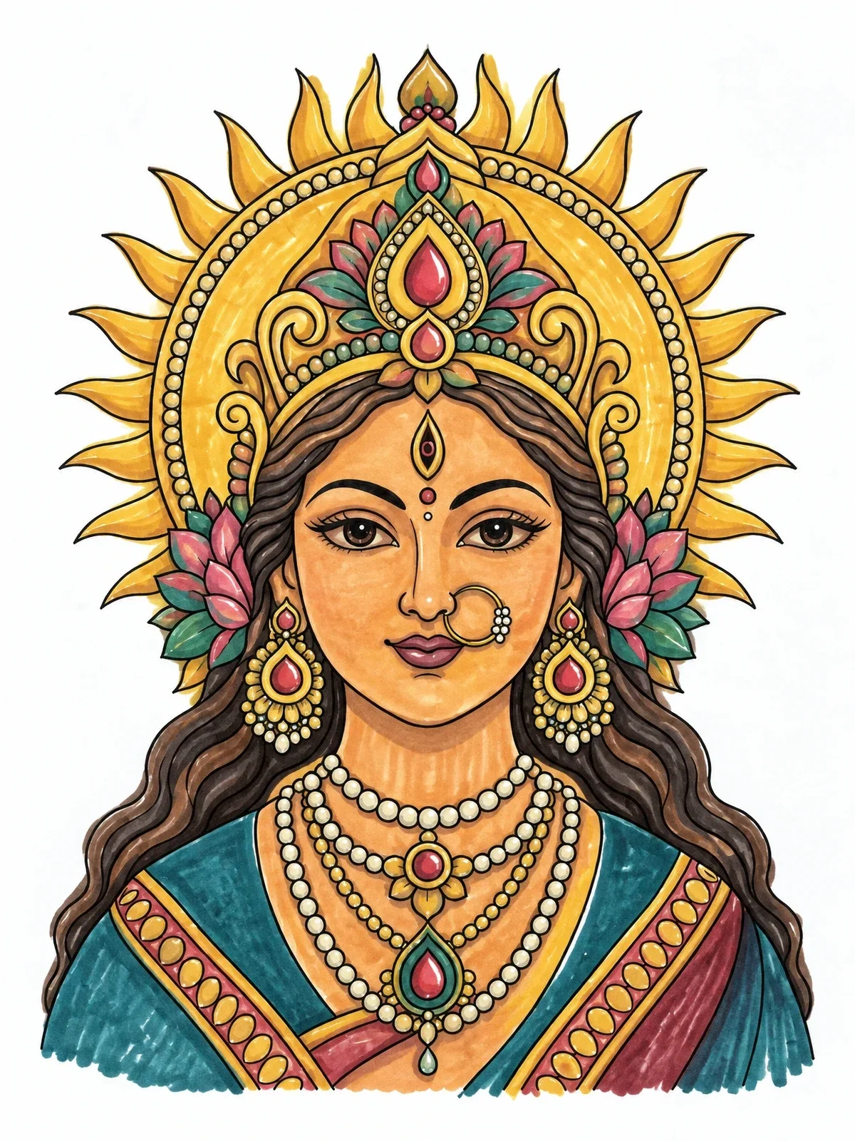 Colored example of the Serene Goddess Durga Portrait coloring page