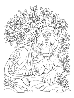 Detailed lion coloring page featuring a resting lioness grooming her paw beneath a flowering tree.