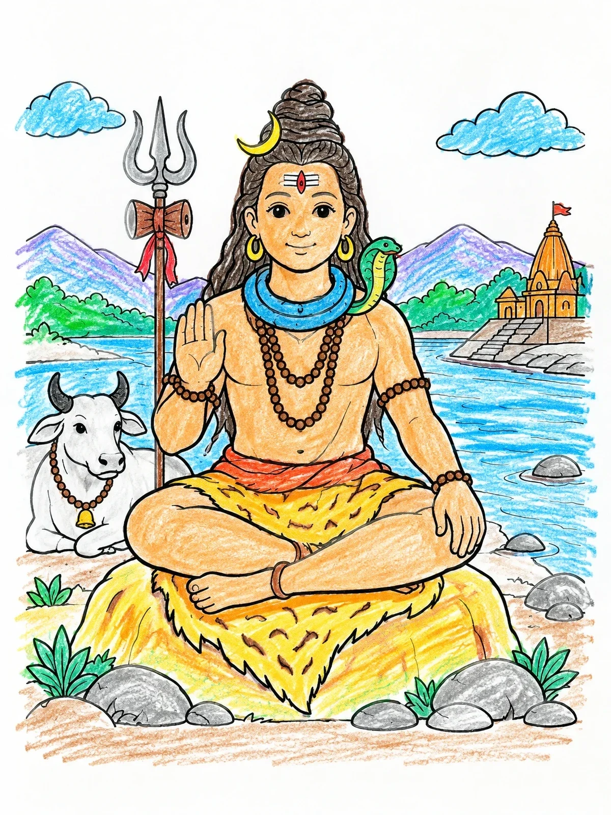 Colored example of the Serene Lord Shiva By The River coloring page