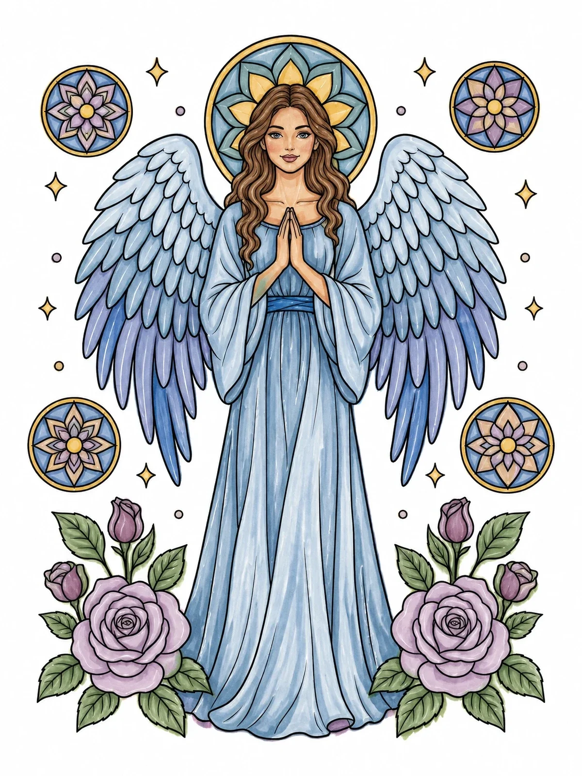 Colored example of the Serene Angel With Roses And Mandalas coloring page