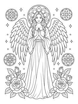 Graceful praying angel coloring page with feathered wings, roses, and mandalas.
