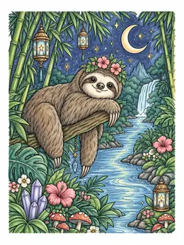 Serene Sloth On Jungle River Branch Coloring Page