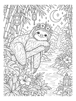 A peaceful sloth rests on a tree branch in this relaxing jungle coloring page under the crescent moon.