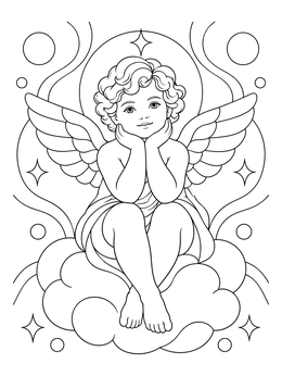 A serene winged cherub coloring page sitting peacefully atop a fluffy cloud.