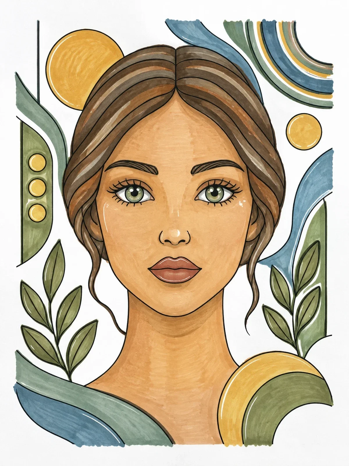 Colored example of the Serene Woman Portrait With Botanical Elements coloring page