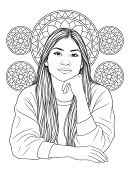 A woman resting her chin on her hand in this portrait coloring page surrounded by circular mandalas.