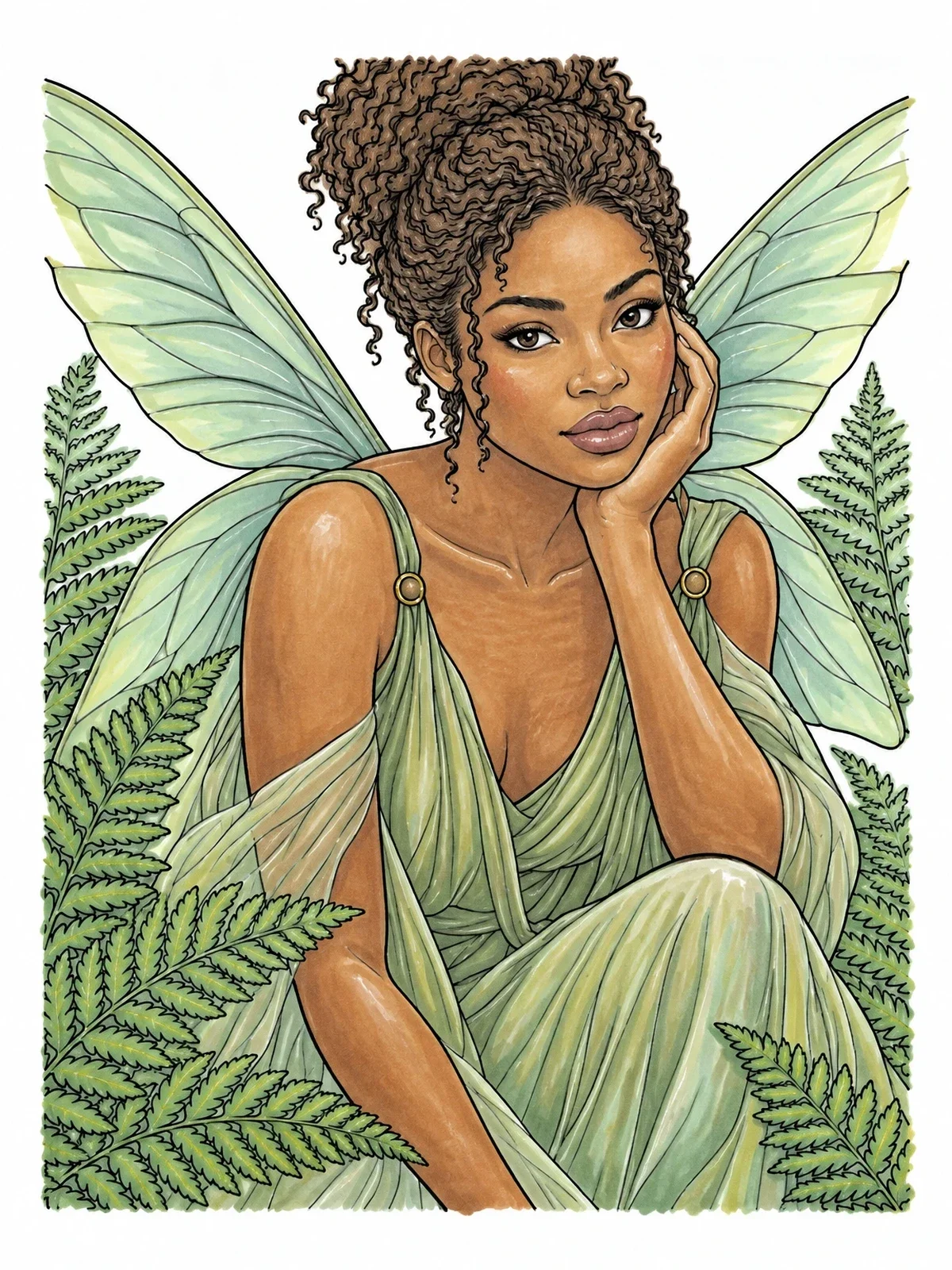 Colored example of the Serene Woodland Fairy With Ferns coloring page