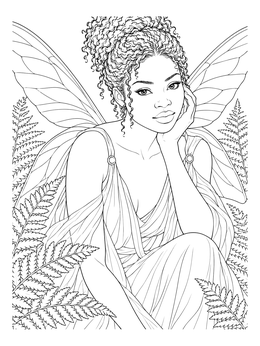 A graceful fairy coloring page featuring a winged nymph surrounded by detailed ferns.