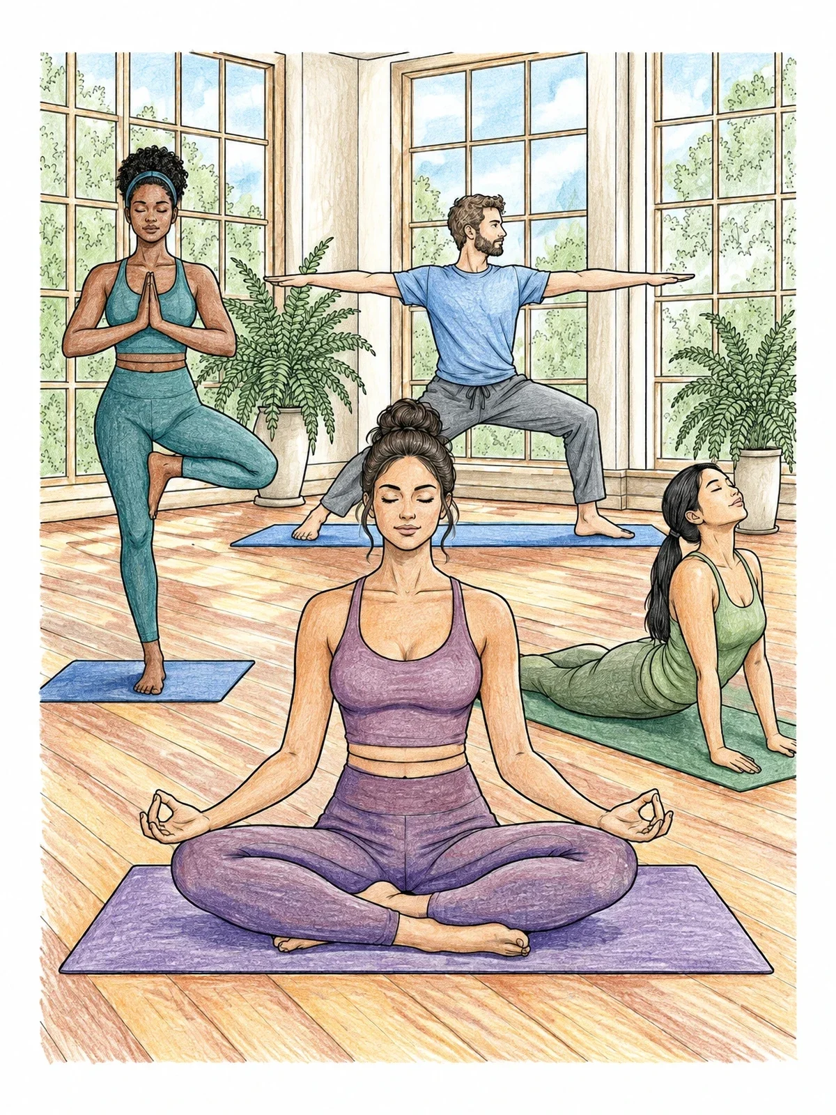 Colored example of the Serene Yoga Class In Studio coloring page