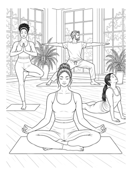 A group practices in a bright studio on this yoga coloring page.