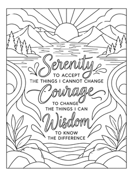 A serene mountain lake view on this prayer coloring page featuring the Serenity Prayer.