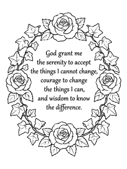 A peaceful prayer coloring page featuring the Serenity Prayer framed by an ivy and rose wreath.