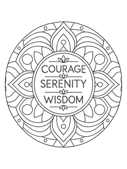 A peaceful prayer coloring page featuring courage, serenity, and wisdom within a mandala.