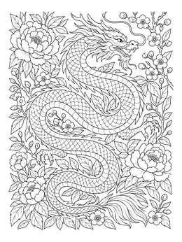 Intricate chinese dragon coloring page surrounded by blooming peonies and cherry blossoms.