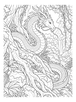 A serpentine dragon coloring page set amidst lush jungle roots, foliage, and a distant waterfall.