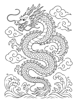 An intricate dragon coloring page featuring a winding Eastern dragon surrounded by swirling clouds and waves.