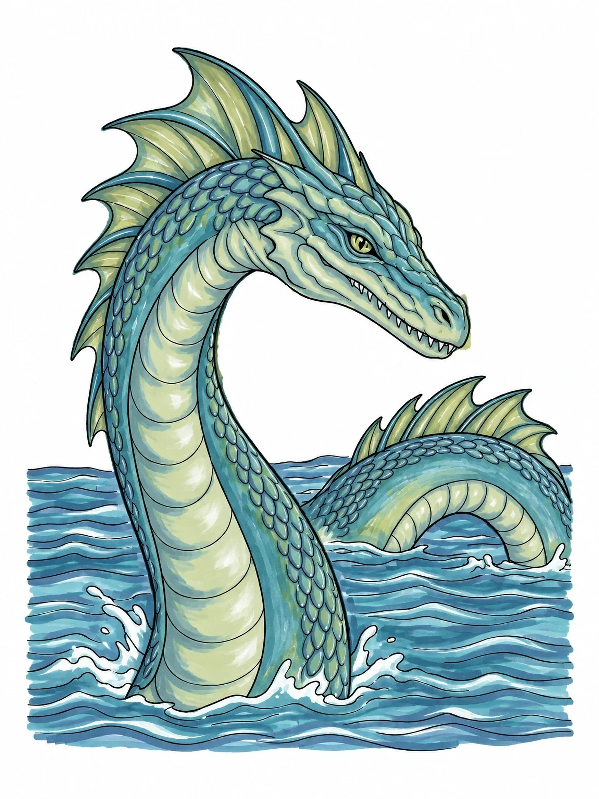 Colored example of the Majestic Serpentine Sea Dragon coloring page