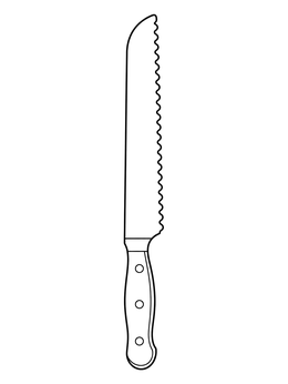 A simple knife coloring page featuring a serrated bread knife with a long blade and handle rivets.