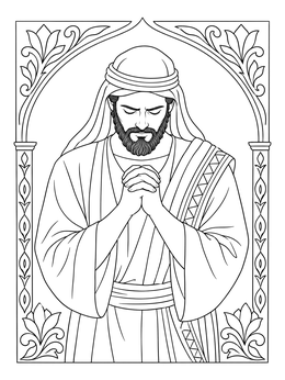 Servant Eliezer praying quietly in an archway on this isaac and rebekah coloring page.