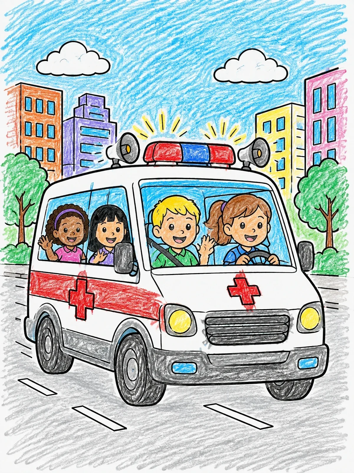 Colored example of the Cheerful Children In An Ambulance coloring page