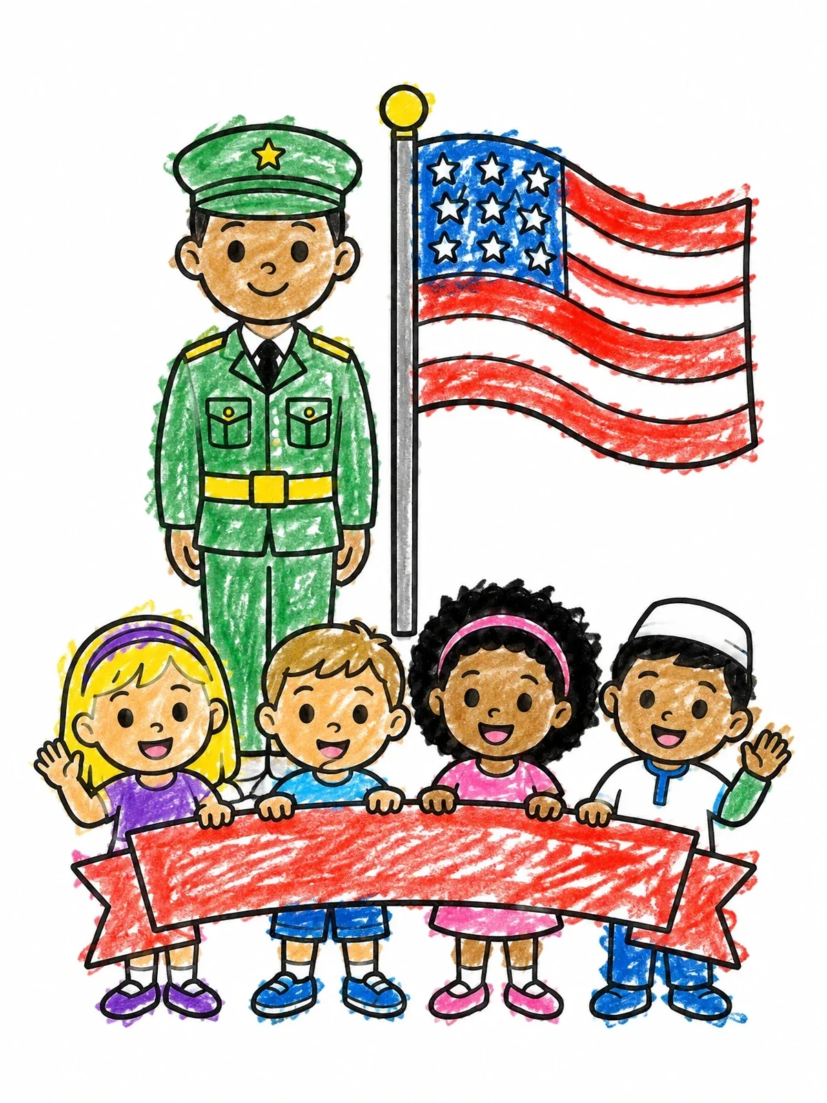 Colored example of the Children Honoring A Soldier coloring page