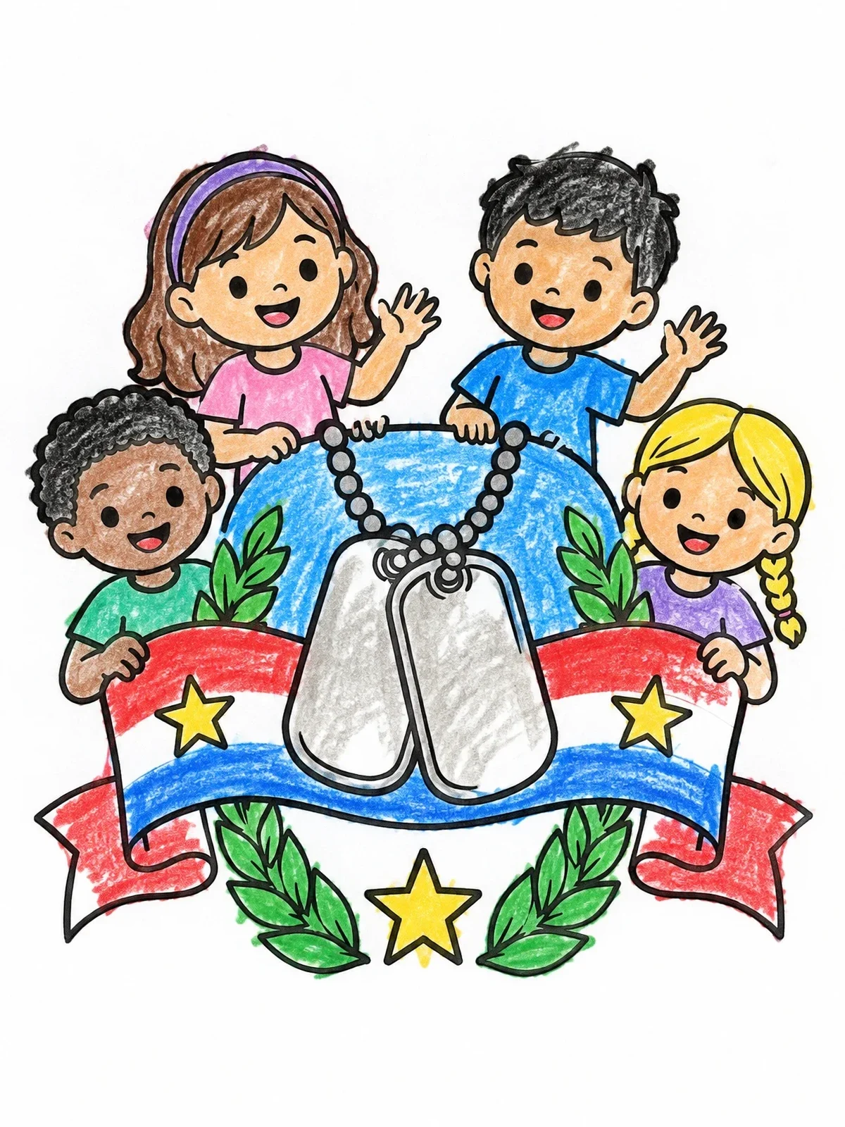 Colored example of the Children Honoring Military Service With Dog Tags coloring page