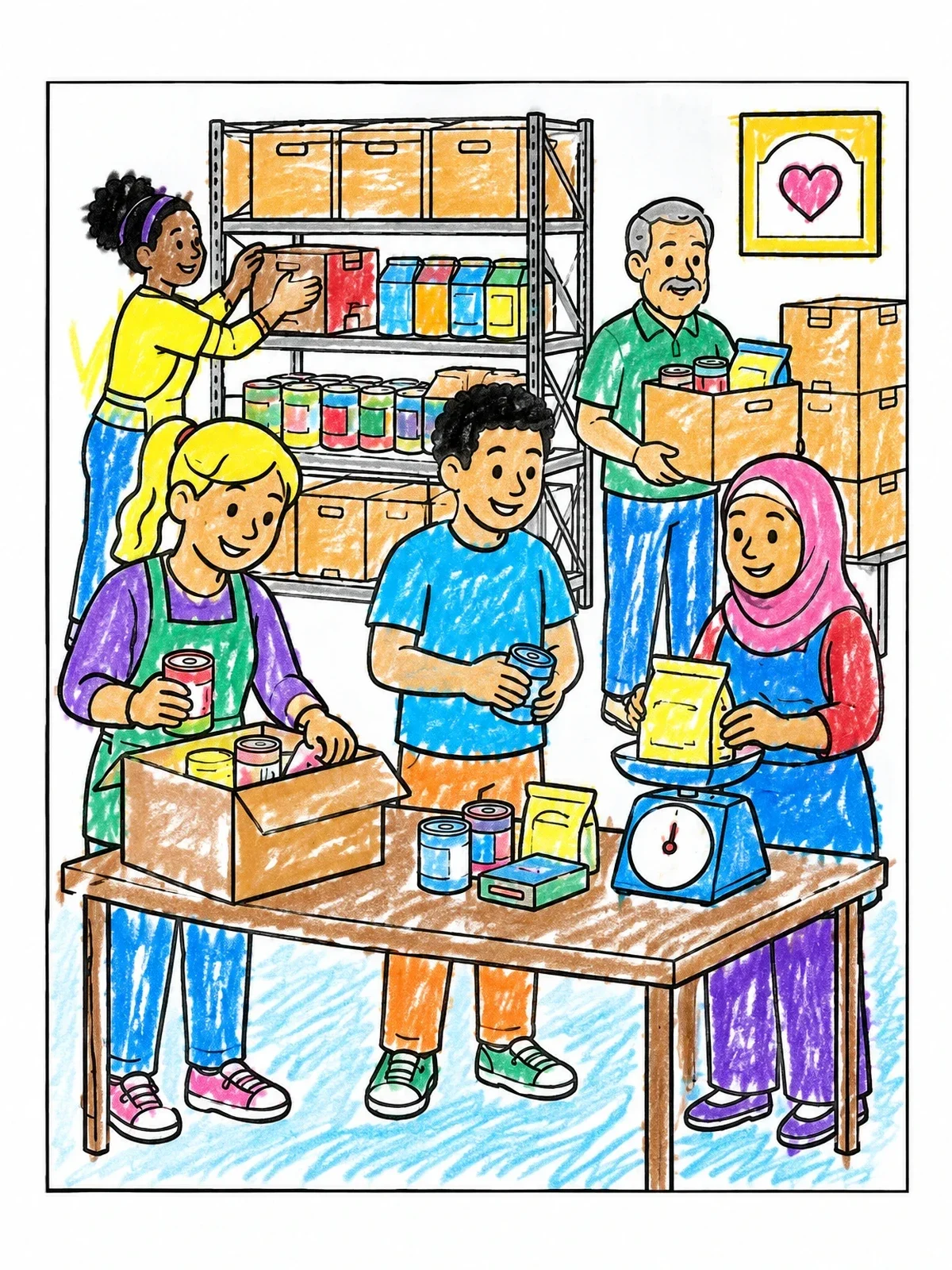 Colored example of the Community Food Pantry Volunteers coloring page