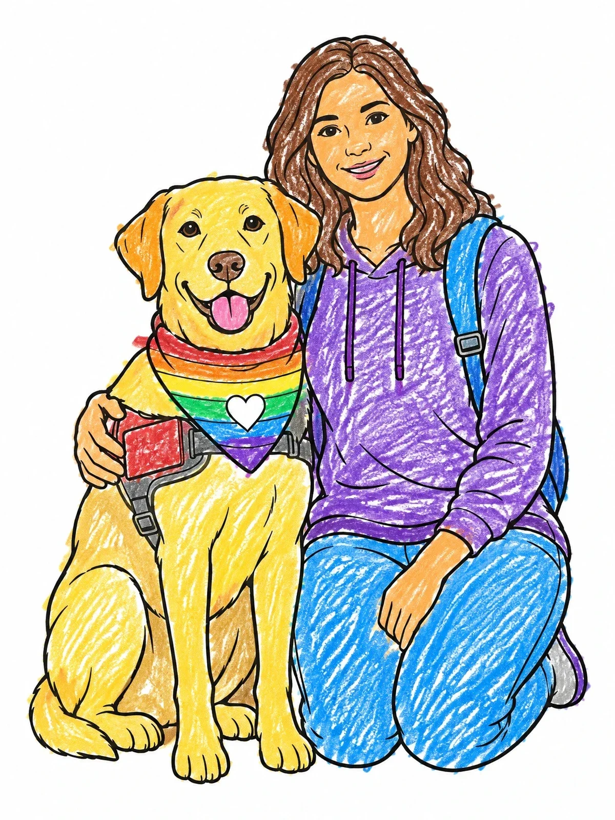Colored example of the Service Dog And Smiling Handler coloring page