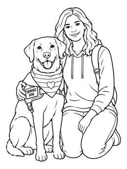 A smiling handler kneels beside her service dog in this pride coloring page.