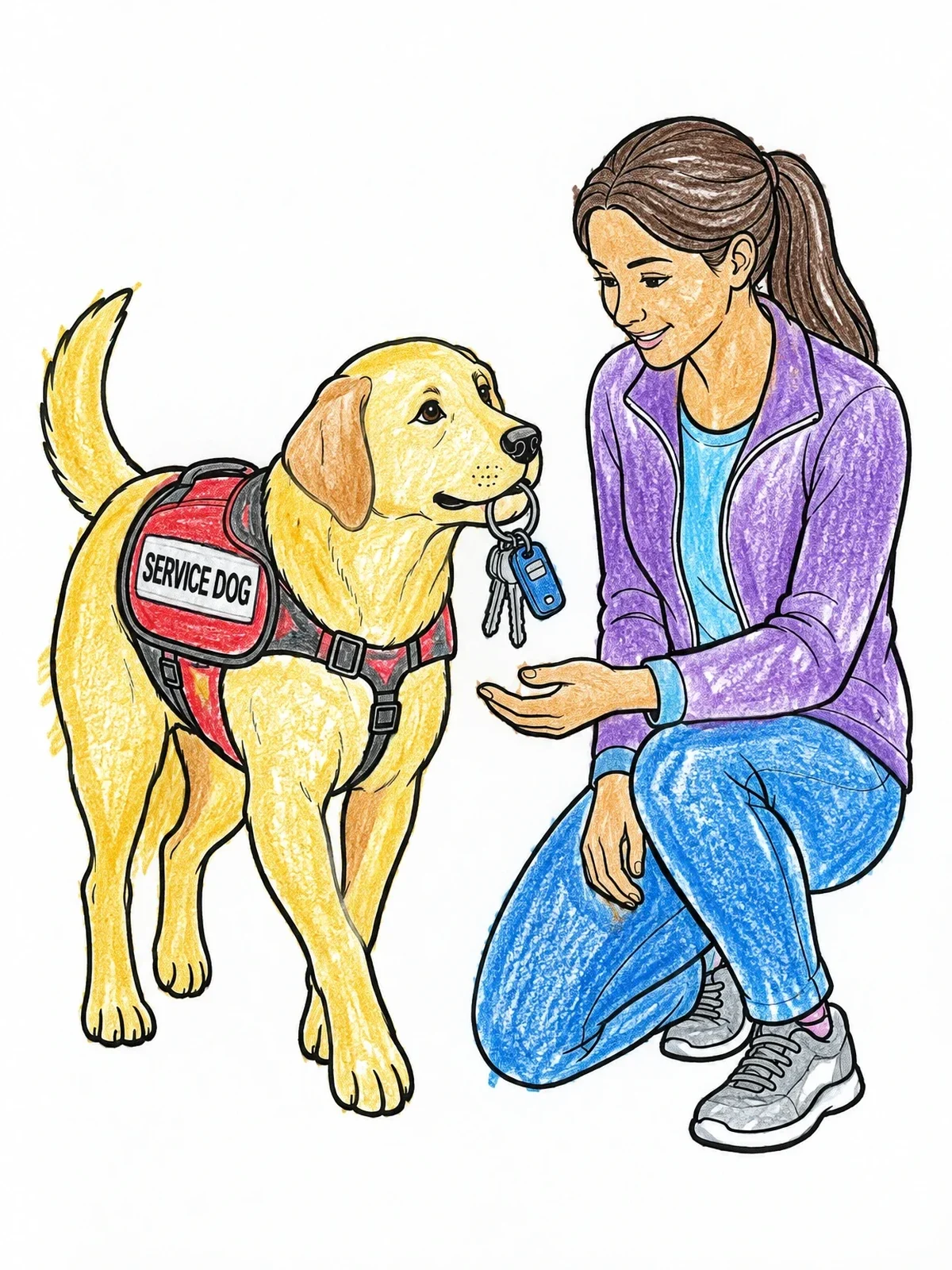 Colored example of the Service Dog Bringing Keys To Handler coloring page