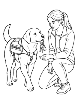 A helpful Labrador retriever in a service coloring page handing keys to a woman.