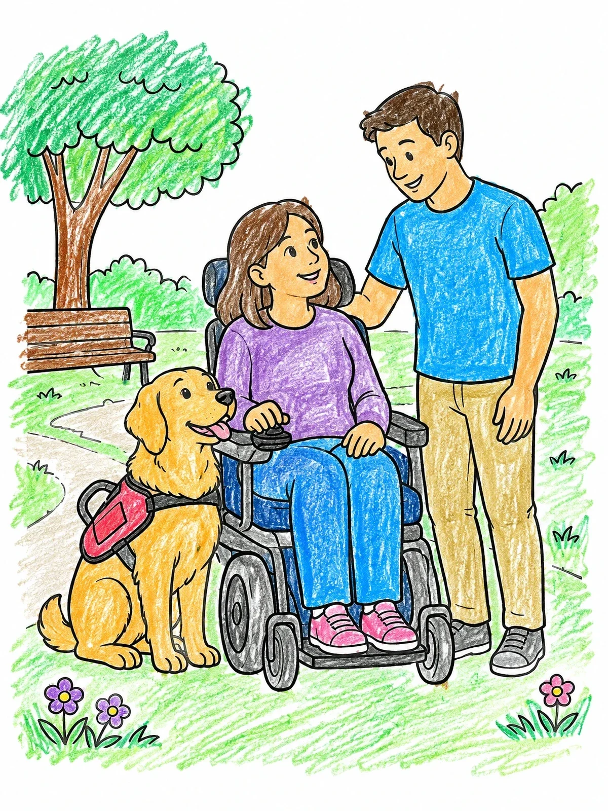 Colored example of the Service Dog With Wheelchair User In The Park coloring page