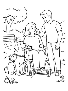 Free printable Service Dog With Wheelchair User In The Park coloring page
