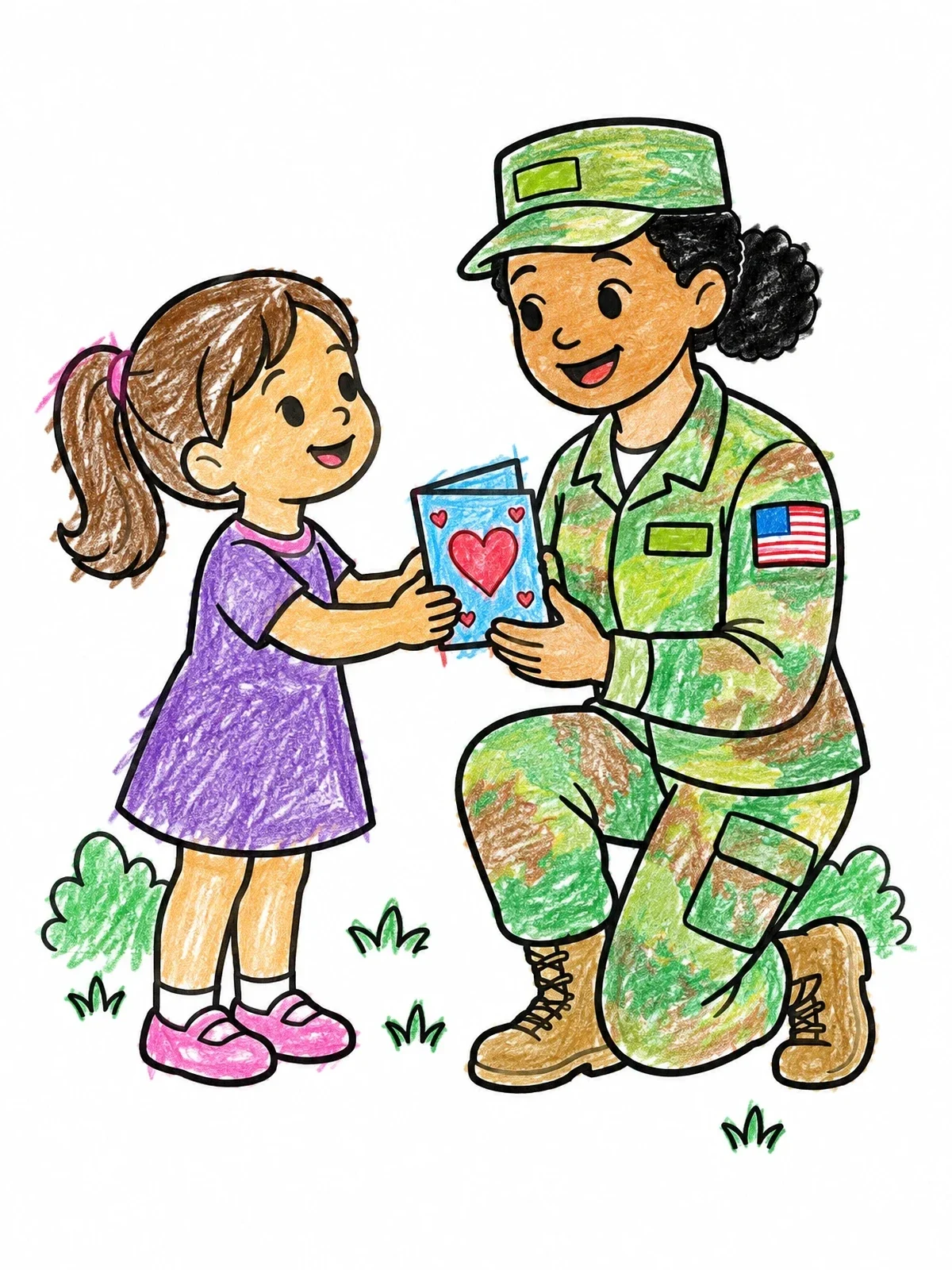 Colored example of the Girl Giving Card To Soldier coloring page