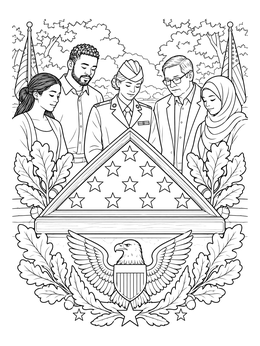 A community honors a folded flag memorial in this service coloring page.
